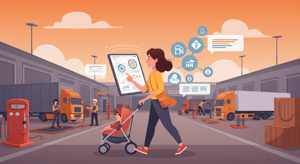 A cartoon-style illustration of a mom pushing a stroller through a modern fleet yard while managing real-time fuel and logistics data on a giant screen. Icons around her represent fuel tracking, maintenance, communication, and efficiency—reflecting fleet management lessons inspired by moms.