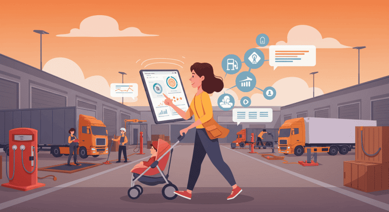 A cartoon-style illustration of a mom pushing a stroller through a modern fleet yard while managing real-time fuel and logistics data on a giant screen. Icons around her represent fuel tracking, maintenance, communication, and efficiency—reflecting fleet management lessons inspired by moms.