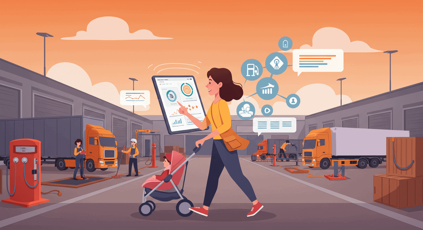 A cartoon-style illustration of a mom pushing a stroller through a modern fleet yard while managing real-time fuel and logistics data on a giant screen. Icons around her represent fuel tracking, maintenance, communication, and efficiency—reflecting fleet management lessons inspired by moms.