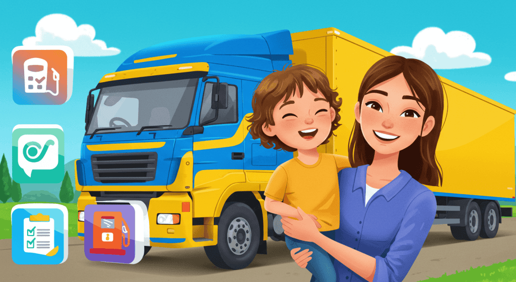 Cartoon-style illustration showing a mom holding her child beside a semi-truck, fuel pump, and checklist icons—representing fleet management tips inspired by moms.