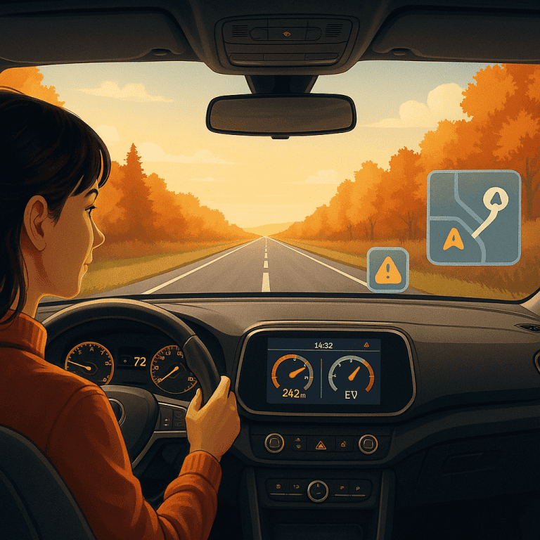 A cartoon-style digital illustration of a fleet driver on an open highway, viewing predictive fuel range and route optimization data on the dashboard and windshield—illustrating AI in fleet fueling