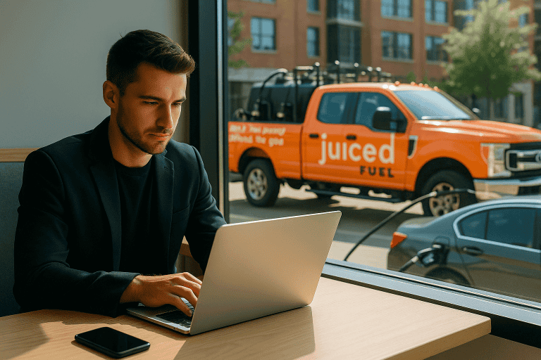 Entrepreneur working at a laptop while Juiced Fuel truck delivers mobile fuel in the background