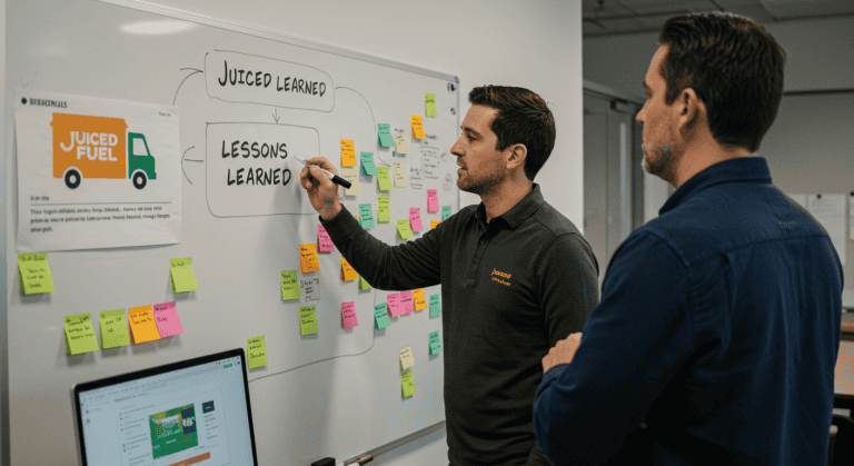 Two entrepreneurs brainstorming at a whiteboard labeled ‘Lessons Learned’, reflecting on past decisions—symbolizing entrepreneur lessons learned at Juiced Fuel, with a small fuel truck image in the background.