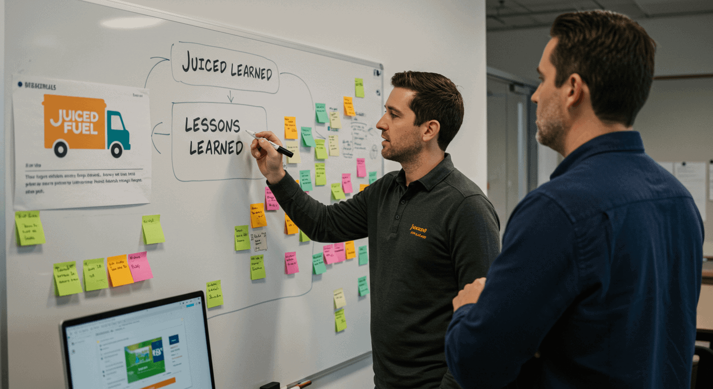 Two entrepreneurs brainstorming at a whiteboard labeled ‘Lessons Learned’, reflecting on past decisions—symbolizing entrepreneur lessons learned at Juiced Fuel, with a small fuel truck image in the background.