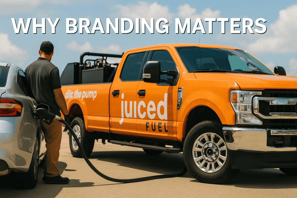 Juiced Fuel’s bright orange delivery truck refueling a parked sedan, showcasing brand consistency with bold graphics and clear messaging