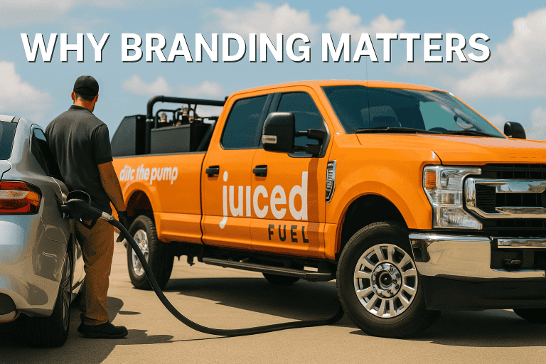 Juiced Fuel’s bright orange delivery truck refueling a parked sedan, showcasing brand consistency with bold graphics and clear messaging