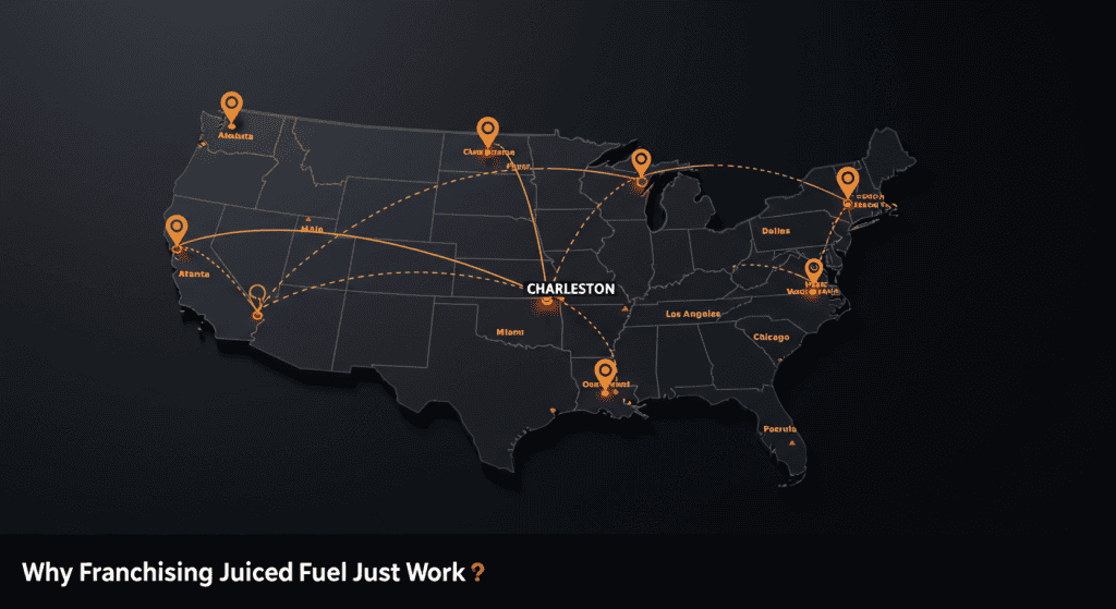Map of the United States showing Charleston as the origin of Juiced Fuel’s franchise expansion, with dotted lines extending to multiple U.S. cities. Styled with Juiced Fuel’s brand orange (#F26522) on a dark background to symbolize scalable growth.