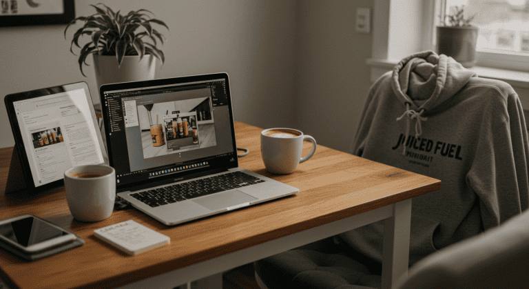 A cozy home workspace featuring a laptop editing Juiced Fuel social content, a tablet with marketing notes, two coffee mugs, and a Juiced Fuel hoodie draped over the chair, symbolizing small business creativity and behind-the-scenes content creation.