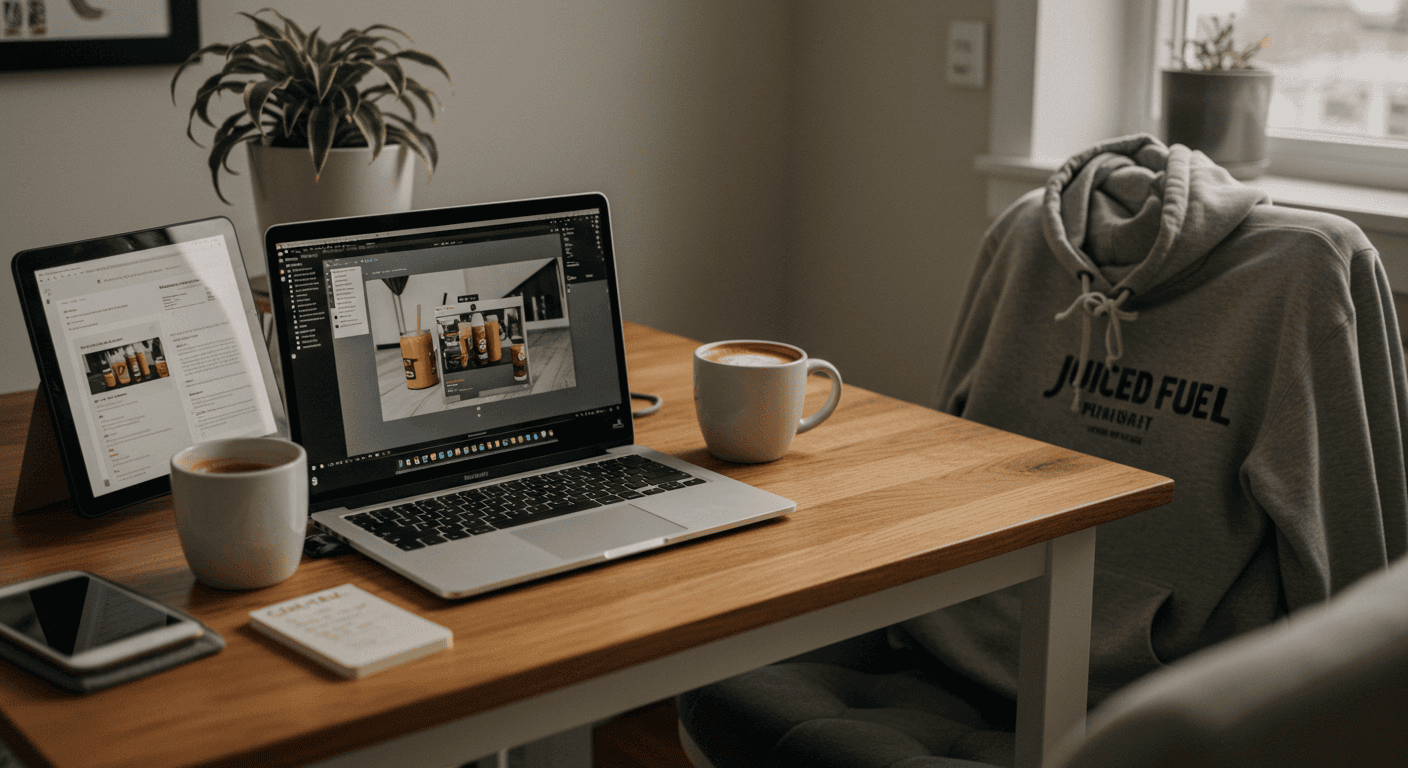 A cozy home workspace featuring a laptop editing Juiced Fuel social content, a tablet with marketing notes, two coffee mugs, and a Juiced Fuel hoodie draped over the chair, symbolizing small business creativity and behind-the-scenes content creation.