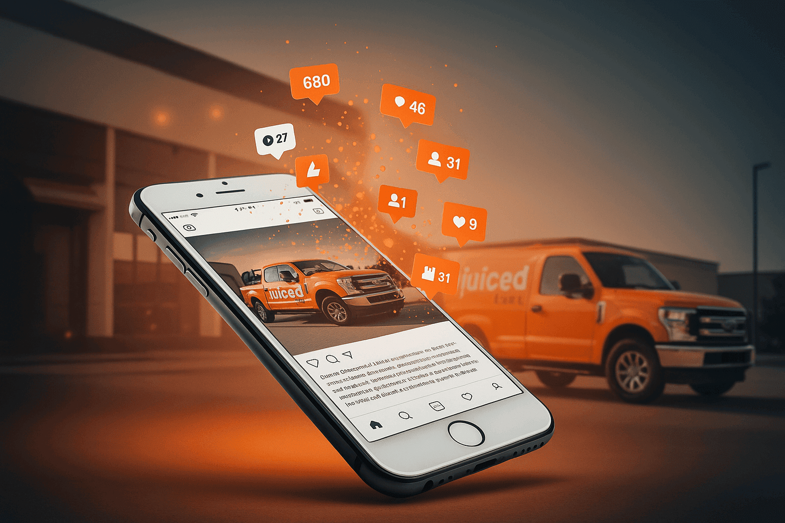 A smartphone screen displaying a social media post featuring a Juiced Fuel delivery truck, surrounded by floating engagement icons showing numbers of likes, shares, and comments. The background includes a clean fuel delivery truck in soft focus. Designed to represent the impact of social media on small business visibility.