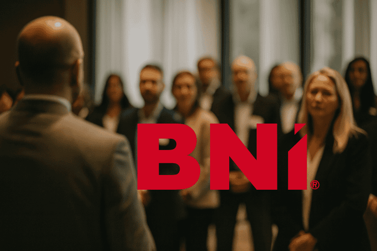 BNI networking event with diverse business professionals connecting, smiling, and exchanging ideas, BNI logo prominently displayed