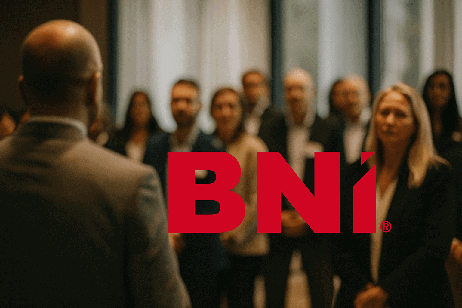 BNI networking event with diverse business professionals connecting, smiling, and exchanging ideas, BNI logo prominently displayed
