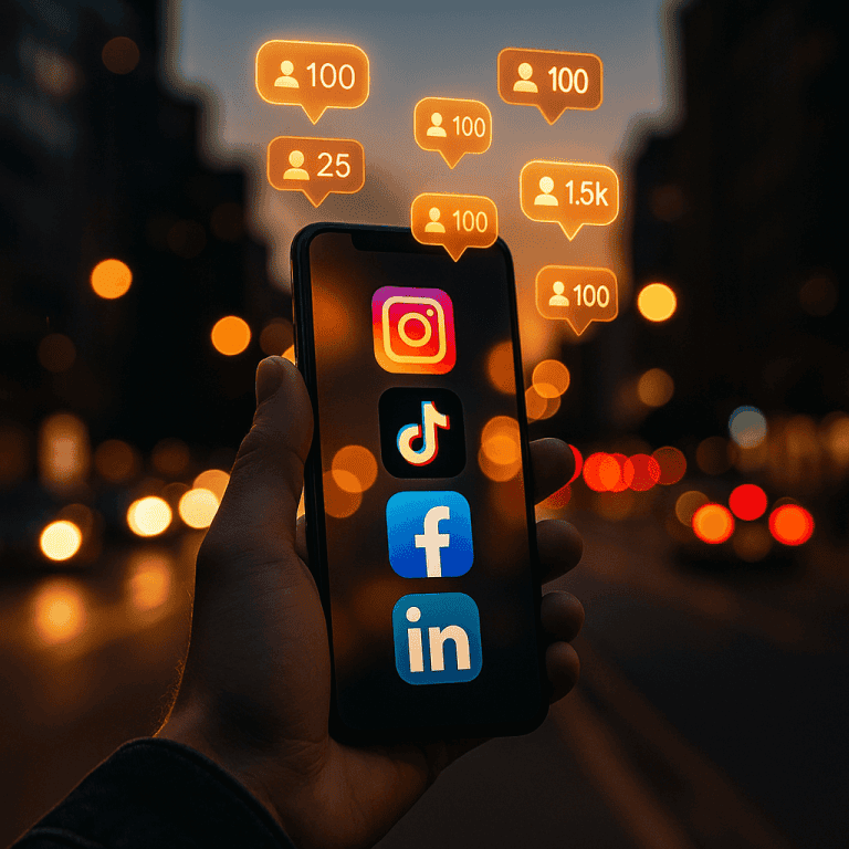 Smartphone screen glowing with Instagram, TikTok, Facebook, and LinkedIn icons, showing rising follower notifications — concept of how to gain followers on social media.