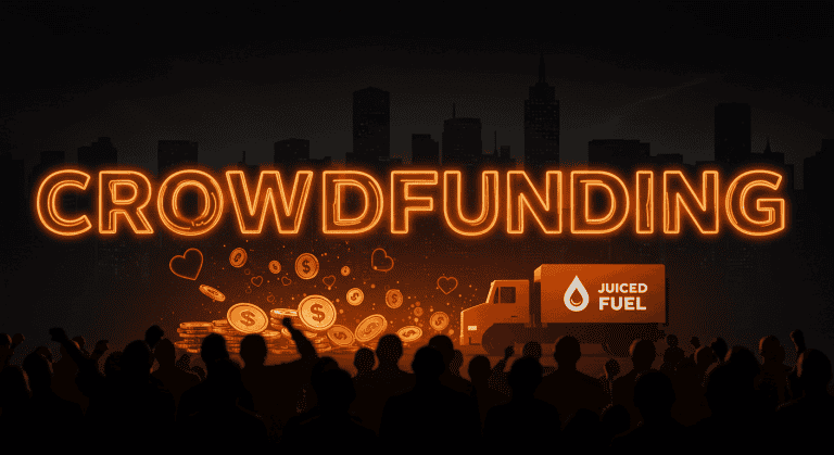 Crowd of people raising money together with stacks of coins, a glowing Juiced Fuel truck, and a bright neon ‘CROWDFUNDING’ sign in a city backdrop at night.