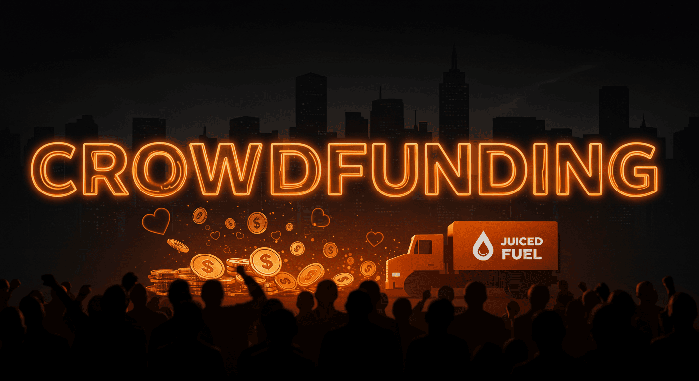 Crowd of people raising money together with stacks of coins, a glowing Juiced Fuel truck, and a bright neon ‘CROWDFUNDING’ sign in a city backdrop at night.