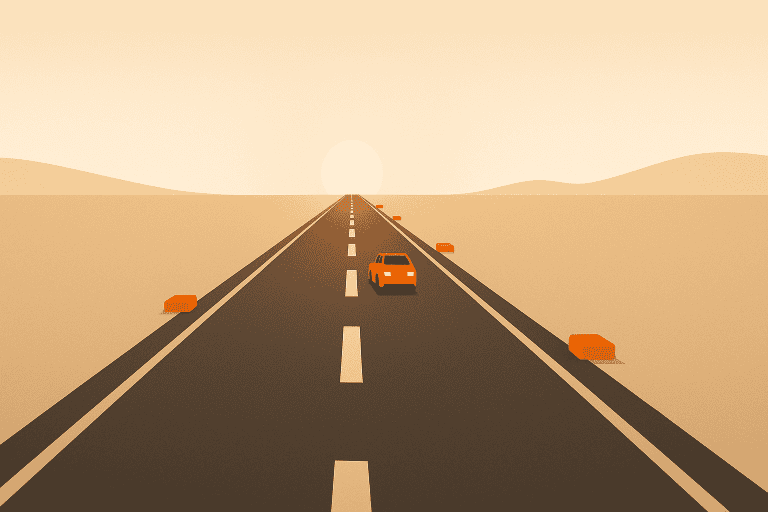 A minimalist illustration of a road leading into the horizon with Juiced Fuel orange car emojis marking milestones, symbolizing the franchising process.