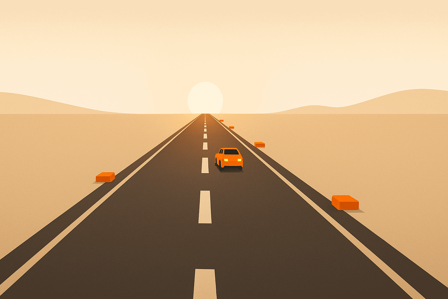 A minimalist illustration of a road leading into the horizon with Juiced Fuel orange car emojis marking milestones, symbolizing the franchising process.