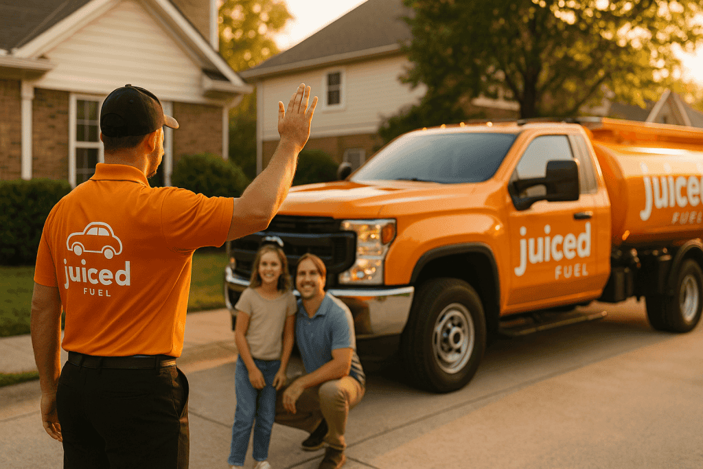 A Juiced Fuel delivery driver refueling a family car in a suburban neighborhood, with subtle orange truck accents. Warm, community-focused atmosphere.