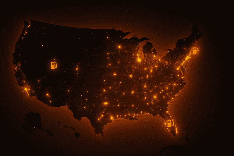 Map of the United States at dusk with glowing orange highlights showing ideal Juiced Fuel franchise locations in coastal, suburban, and industrial regions.