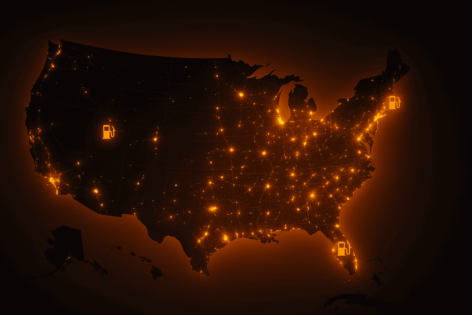 Map of the United States at dusk with glowing orange highlights showing ideal Juiced Fuel franchise locations in coastal, suburban, and industrial regions.