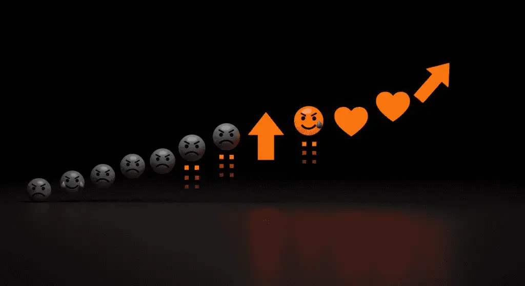 Digital concept art showing gray negative emojis transforming into bright orange hearts and arrows on a black background, symbolizing engagement and growth.