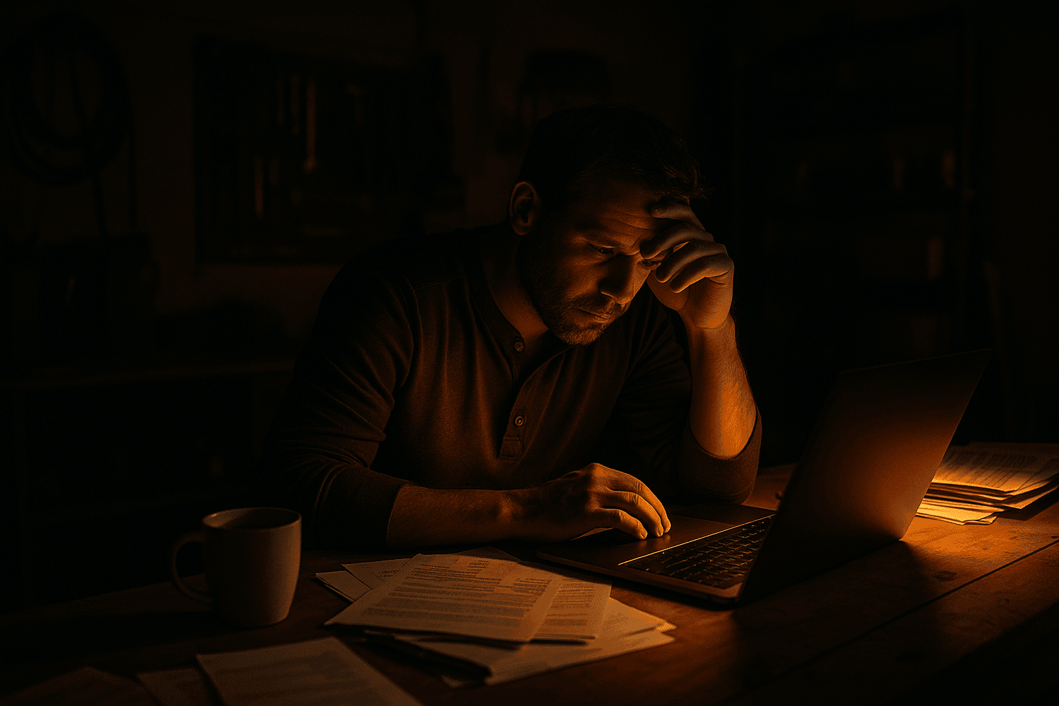 A cinematic photo of a small business owner working late at night in a dimly lit garage or home office, surrounded by papers, laptop, and coffee cup with a warm orange (#FF5C00) glow symbolizing persistence and future success.
