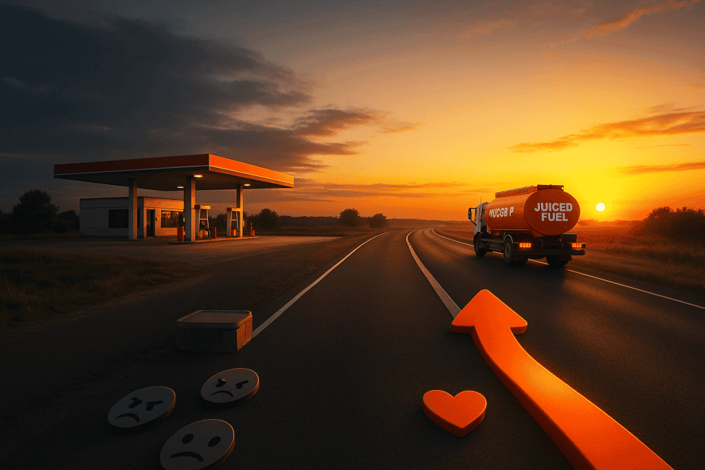 A cinematic photo showing a divided road at sunrise — one side fading into an old gas station, the other glowing with an orange Juiced Fuel truck driving toward the horizon, symbolizing change and innovation.
