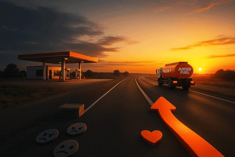 A cinematic photo showing a divided road at sunrise — one side fading into an old gas station, the other glowing with an orange Juiced Fuel truck driving toward the horizon, symbolizing change and innovation.