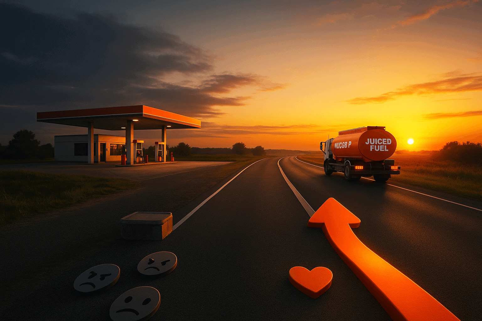 A cinematic photo showing a divided road at sunrise — one side fading into an old gas station, the other glowing with an orange Juiced Fuel truck driving toward the horizon, symbolizing change and innovation.