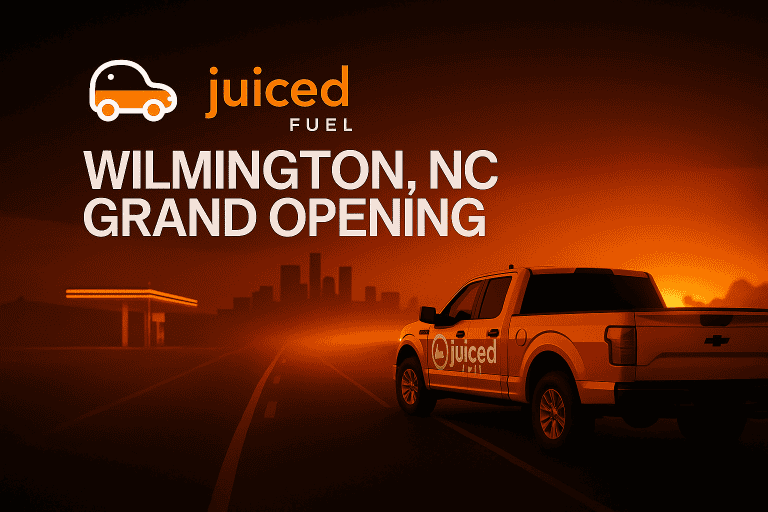Promotional graphic showing a Juiced Fuel truck at sunset with the Wilmington, NC skyline and text announcing the Wilmington grand opening.