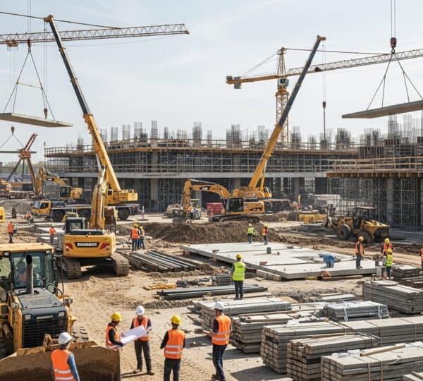 Active construction site with heavy equipment and crews working during daylight.