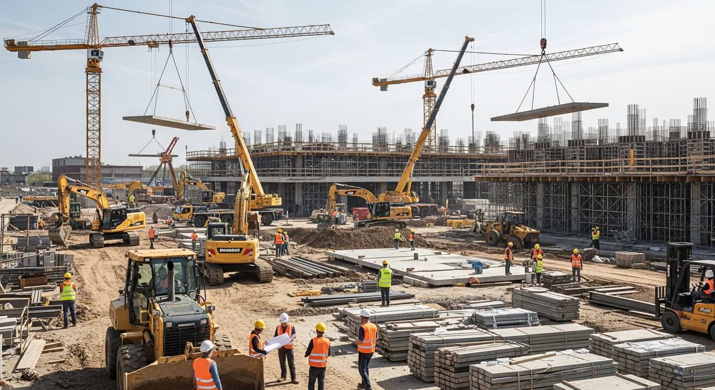 Active construction site with heavy equipment and crews working during daylight.
