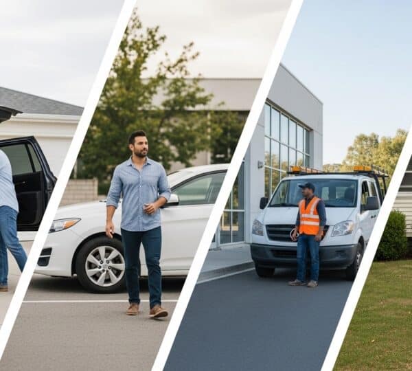 Diverse vehicle owners in everyday settings including a parent, professional, contractor, and retiree with their vehicles.