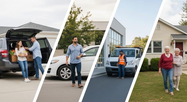Diverse vehicle owners in everyday settings including a parent, professional, contractor, and retiree with their vehicles.