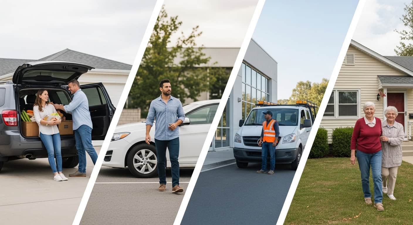 Diverse vehicle owners in everyday settings including a parent, professional, contractor, and retiree with their vehicles.