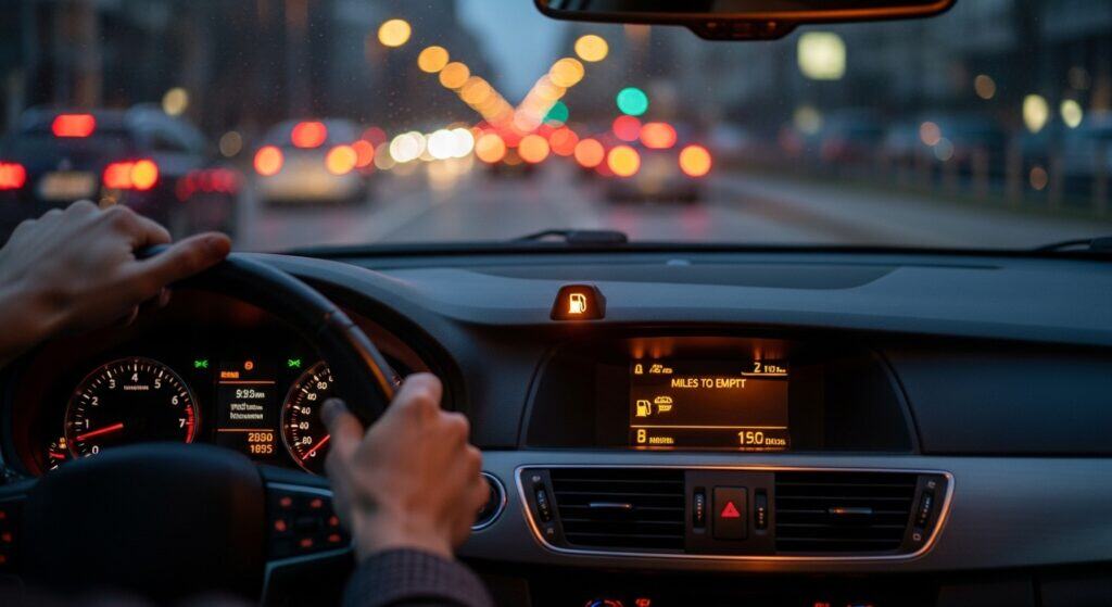 Driver’s perspective showing low fuel warning light illuminated on car dashboard during evening traffic.